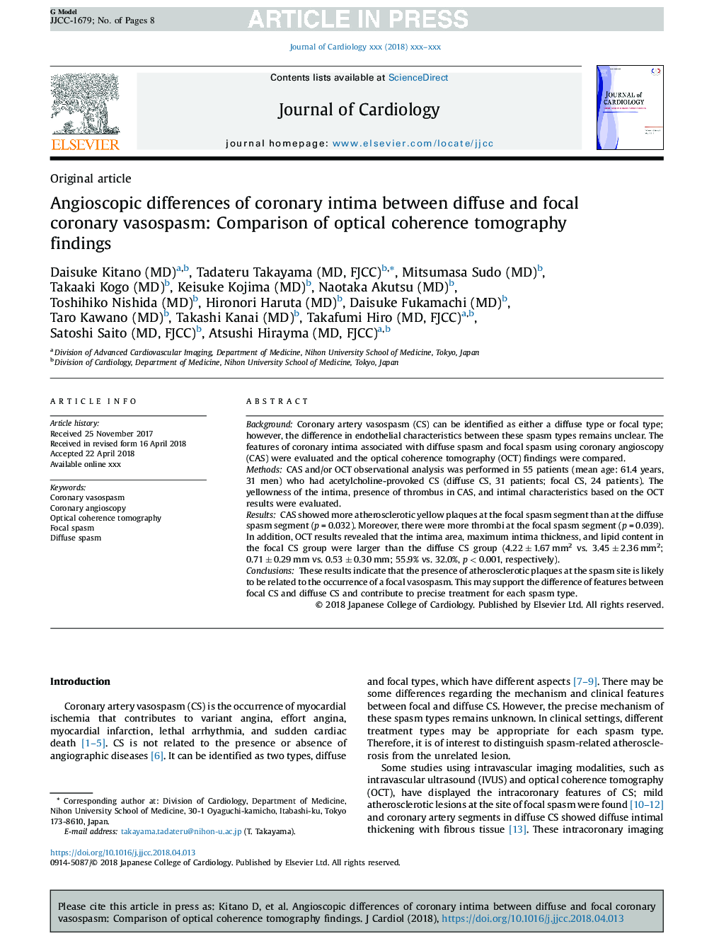 Angioscopic differences of coronary intima between diffuse and focal coronary vasospasm: Comparison of optical coherence tomography findings