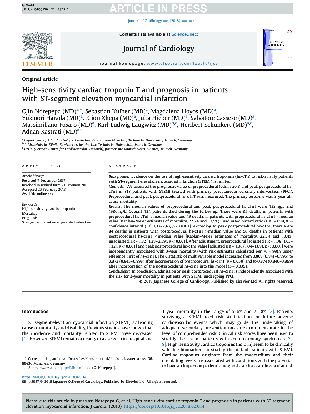 High-sensitivity cardiac troponin T and prognosis in patients with ST-segment elevation myocardial infarction