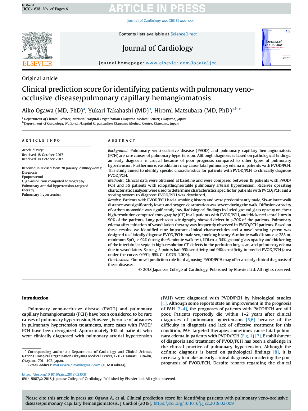 Clinical prediction score for identifying patients with pulmonary veno-occlusive disease/pulmonary capillary hemangiomatosis