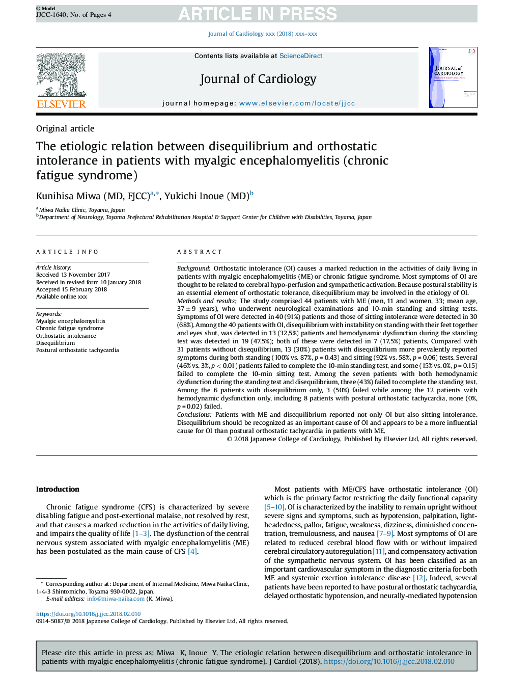 The etiologic relation between disequilibrium and orthostatic intolerance in patients with myalgic encephalomyelitis (chronic fatigue syndrome)