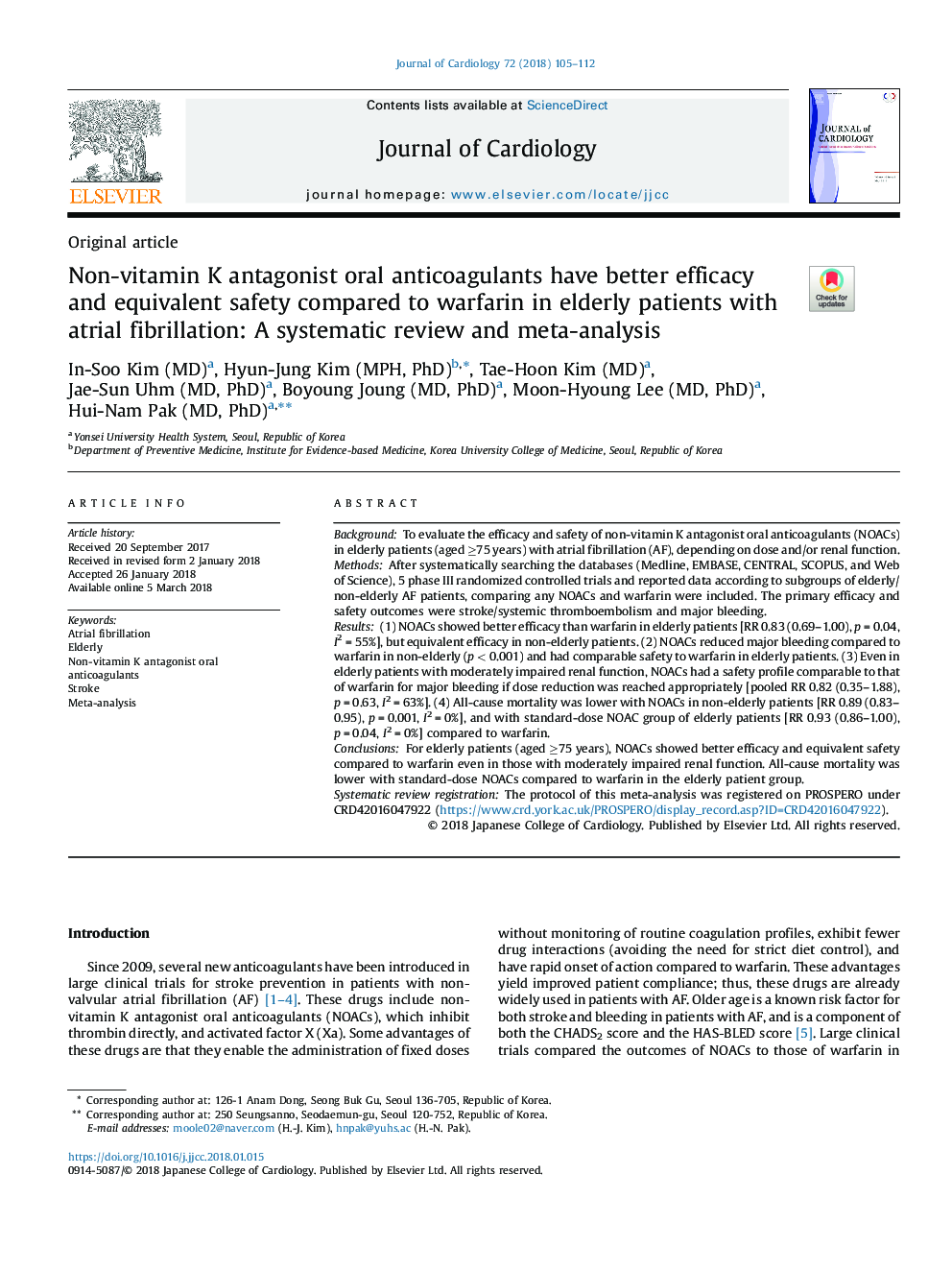 Non-vitamin K antagonist oral anticoagulants have better efficacy and equivalent safety compared to warfarin in elderly patients with atrial fibrillation: A systematic review and meta-analysis