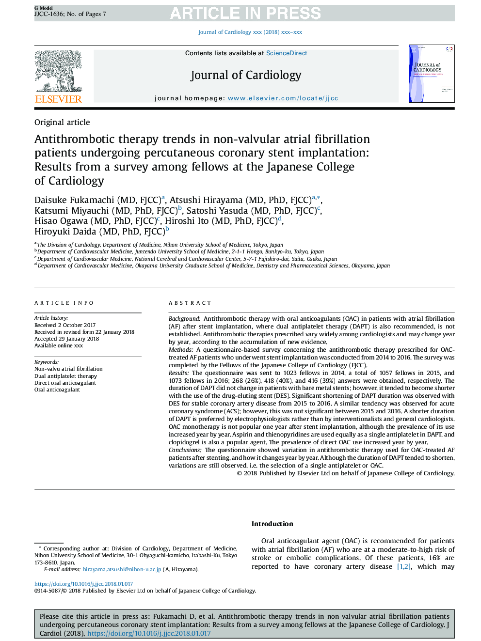 Antithrombotic therapy trends in non-valvular atrial fibrillation patients undergoing percutaneous coronary stent implantation: Results from a survey among fellows at the Japanese College of Cardiology