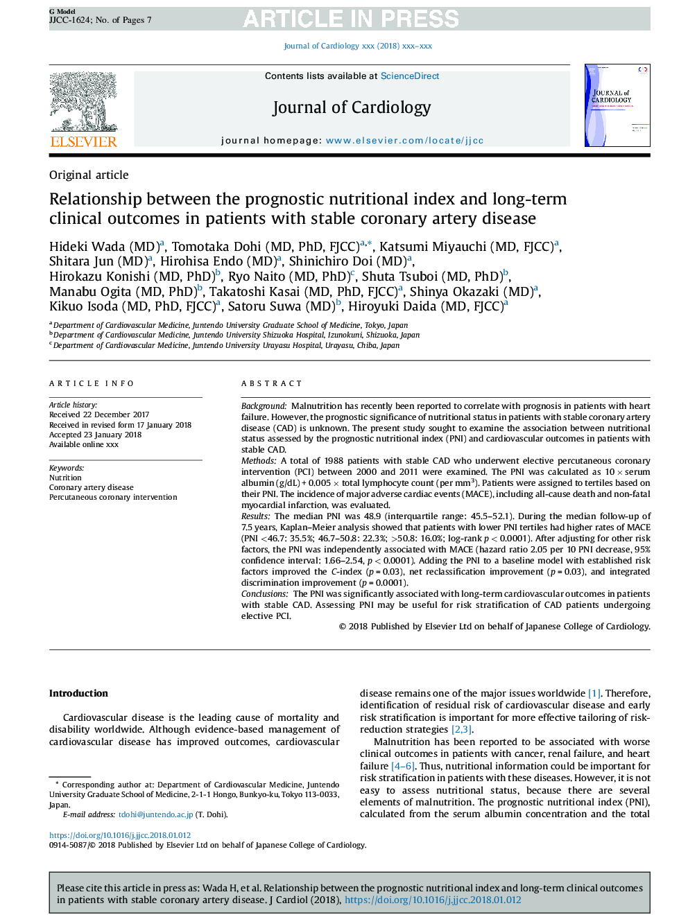 Relationship between the prognostic nutritional index and long-term clinical outcomes in patients with stable coronary artery disease