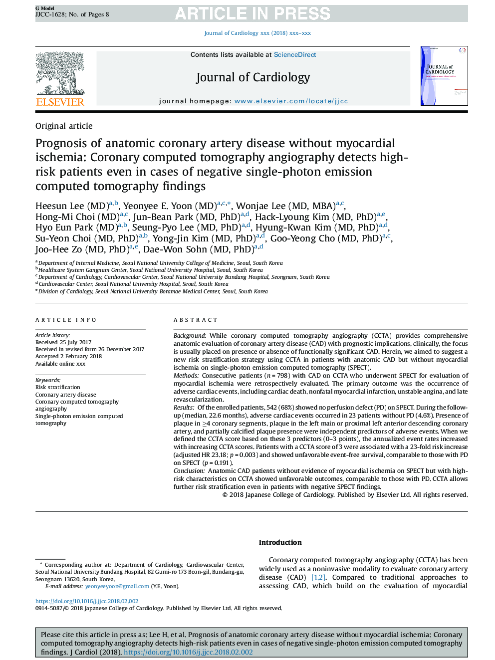 Prognosis of anatomic coronary artery disease without myocardial ischemia: Coronary computed tomography angiography detects high-risk patients even in cases of negative single-photon emission computed tomography findings