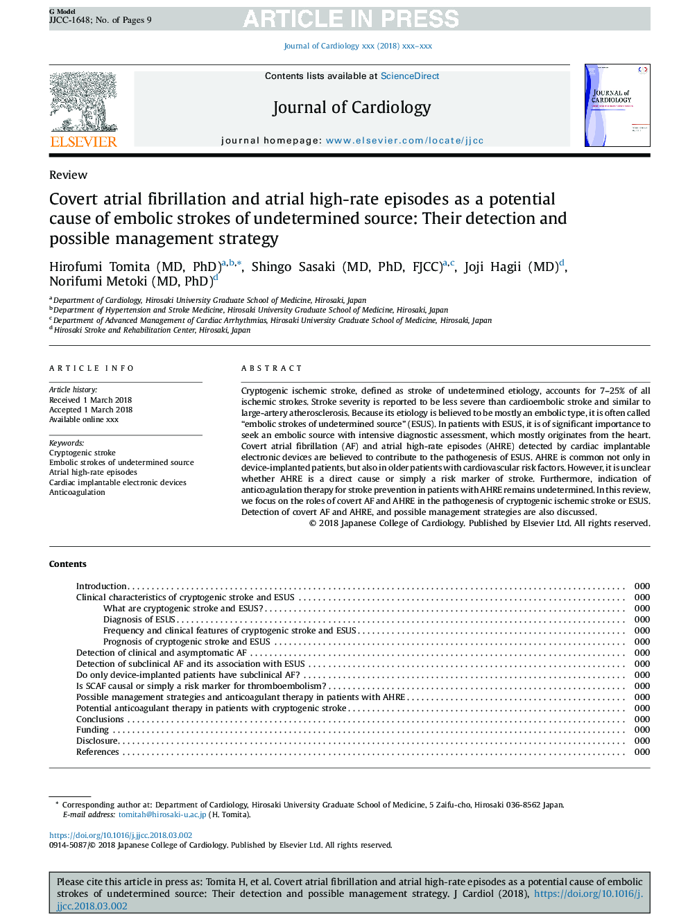 Covert atrial fibrillation and atrial high-rate episodes as a potential cause of embolic strokes of undetermined source: Their detection and possible management strategy