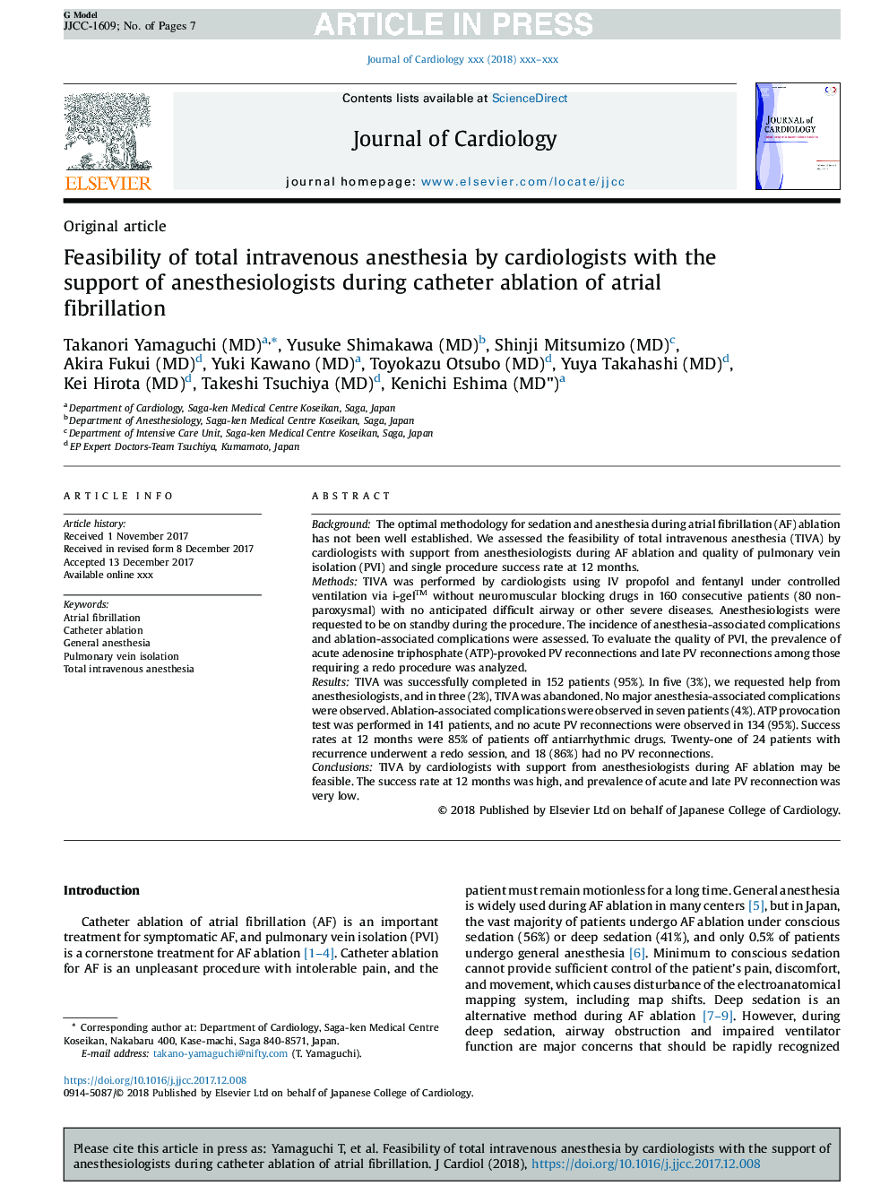 Feasibility of total intravenous anesthesia by cardiologists with the support of anesthesiologists during catheter ablation of atrial fibrillation