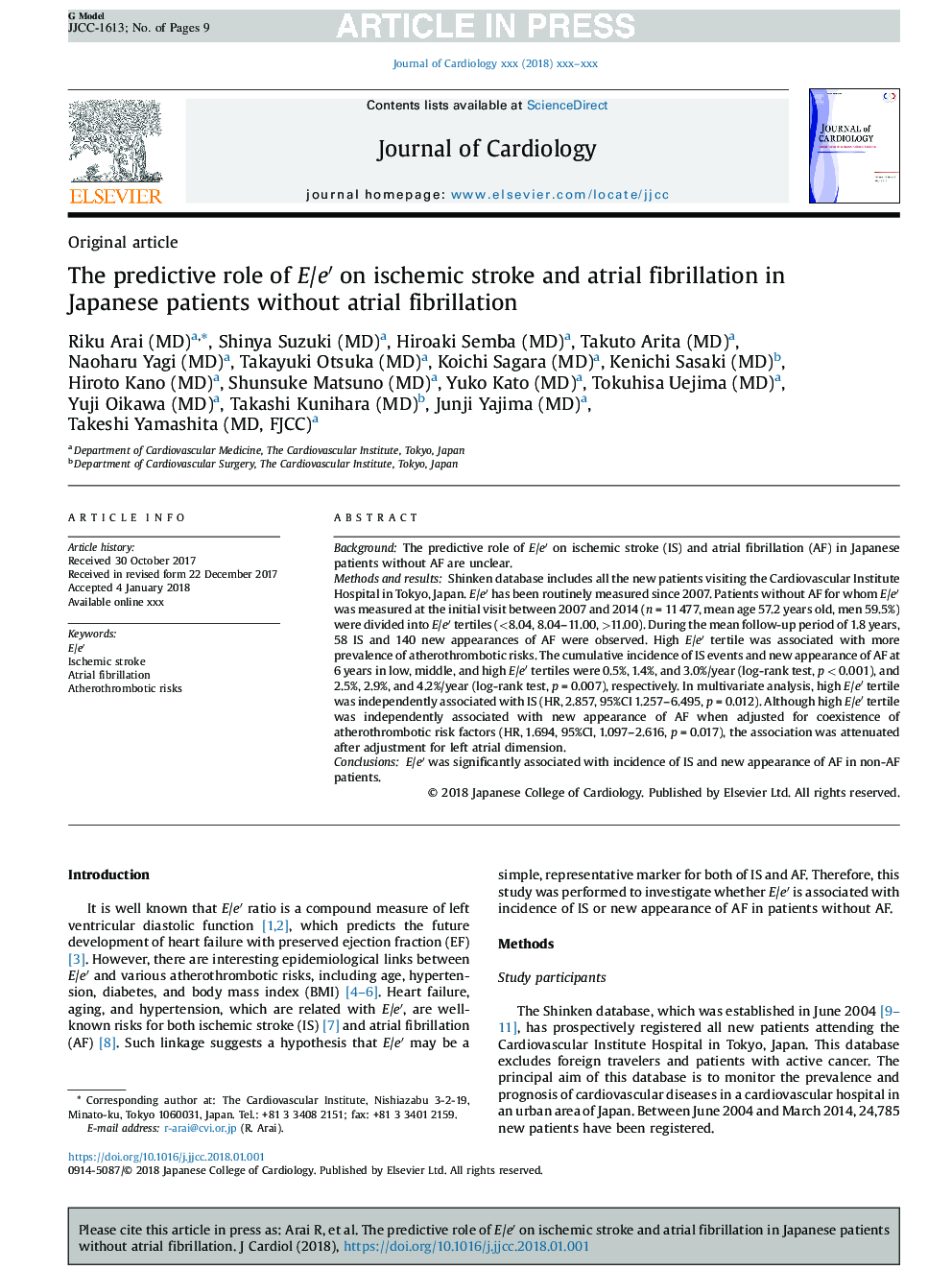 The predictive role of E/eâ² on ischemic stroke and atrial fibrillation in Japanese patients without atrial fibrillation