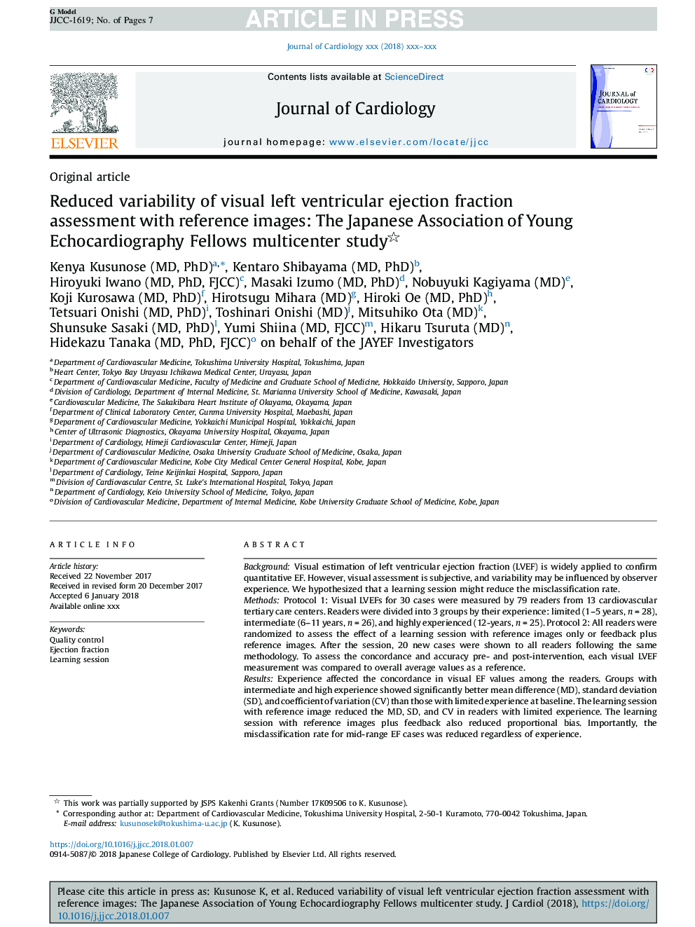 Reduced variability of visual left ventricular ejection fraction assessment with reference images: The Japanese Association of Young Echocardiography Fellows multicenter study