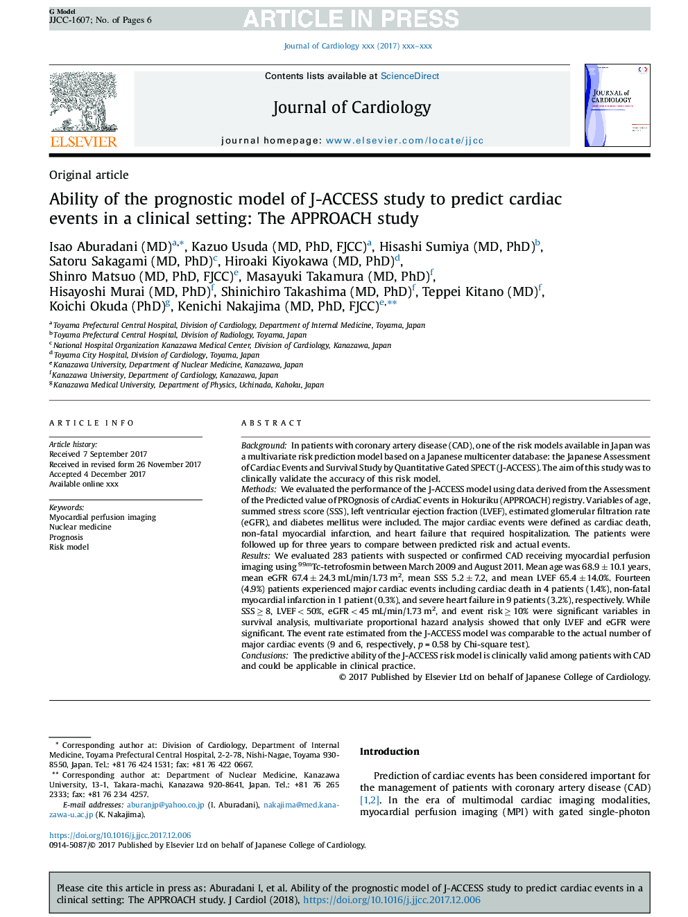 Ability of the prognostic model of J-ACCESS study to predict cardiac events in a clinical setting: The APPROACH study