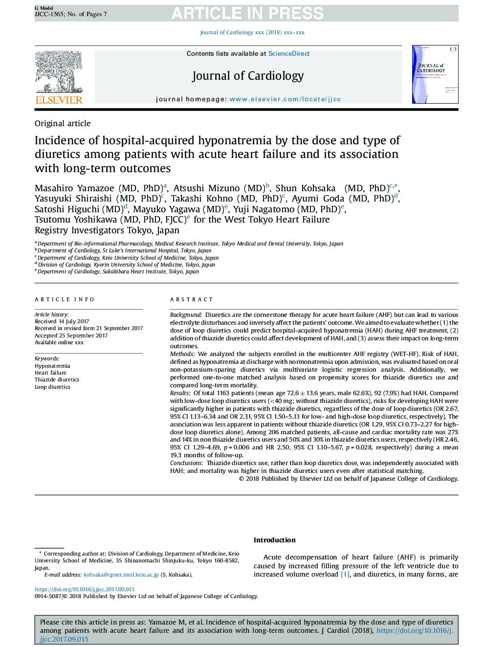 Incidence of hospital-acquired hyponatremia by the dose and type of diuretics among patients with acute heart failure and its association with long-term outcomes