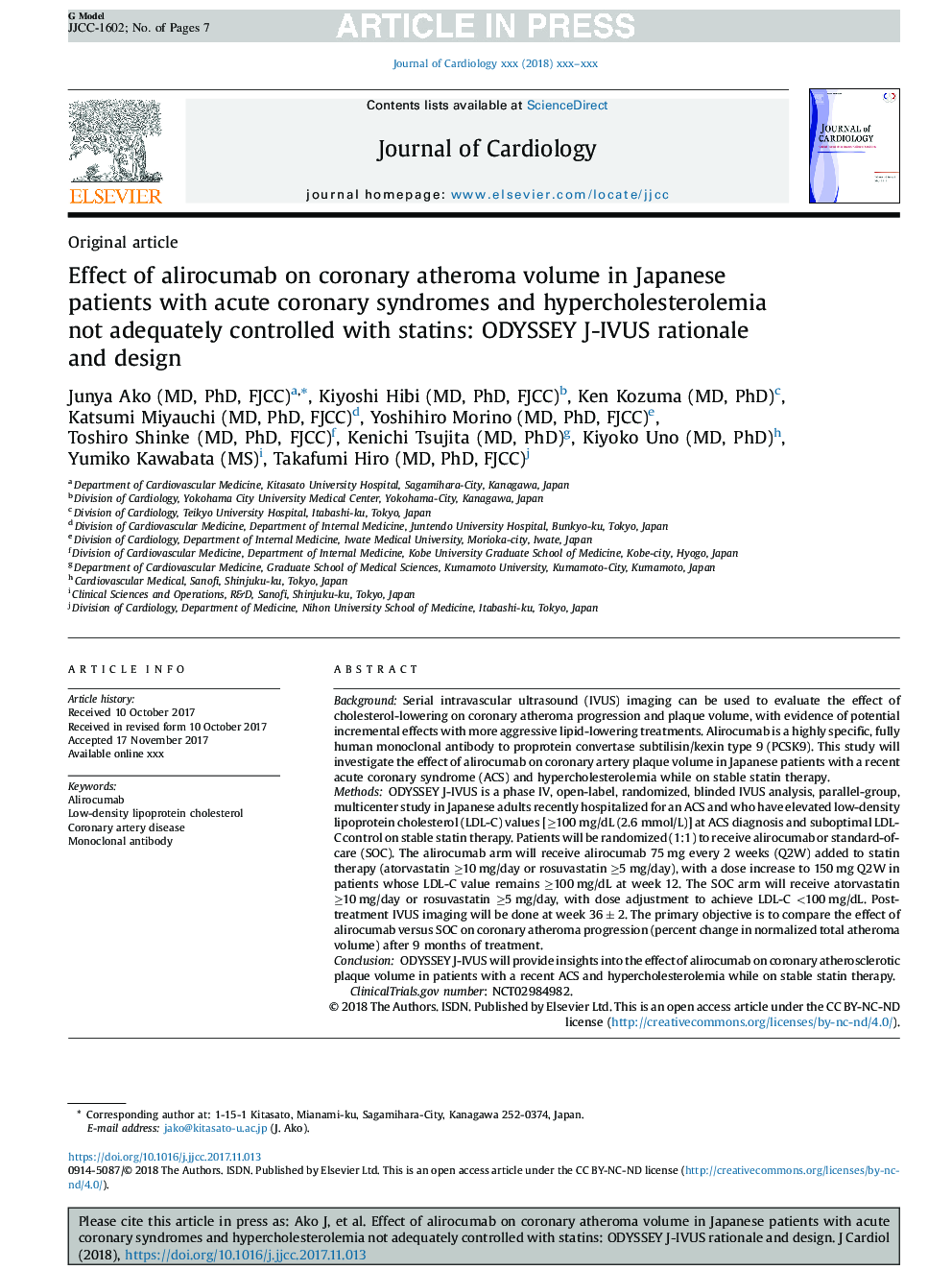 Effect of alirocumab on coronary atheroma volume in Japanese patients with acute coronary syndromes and hypercholesterolemia not adequately controlled with statins: ODYSSEY J-IVUS rationale and design