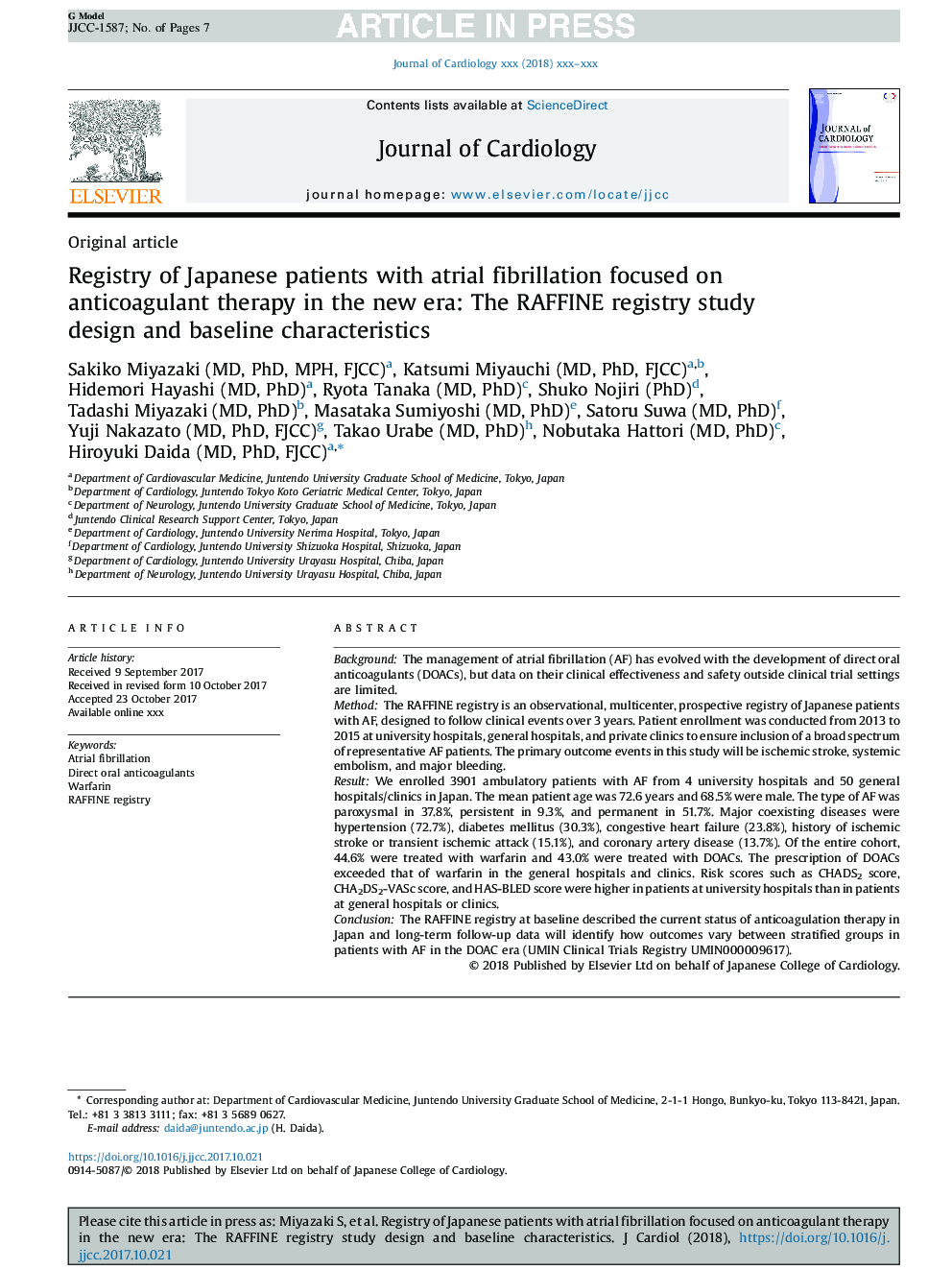 Registry of Japanese patients with atrial fibrillation focused on anticoagulant therapy in the new era: The RAFFINE registry study design and baseline characteristics