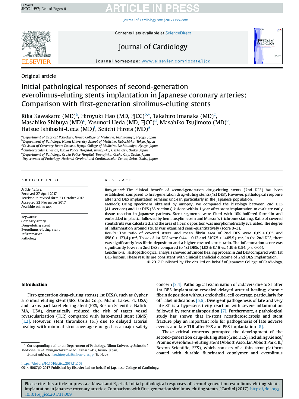 Initial pathological responses of second-generation everolimus-eluting stents implantation in Japanese coronary arteries: Comparison with first-generation sirolimus-eluting stents