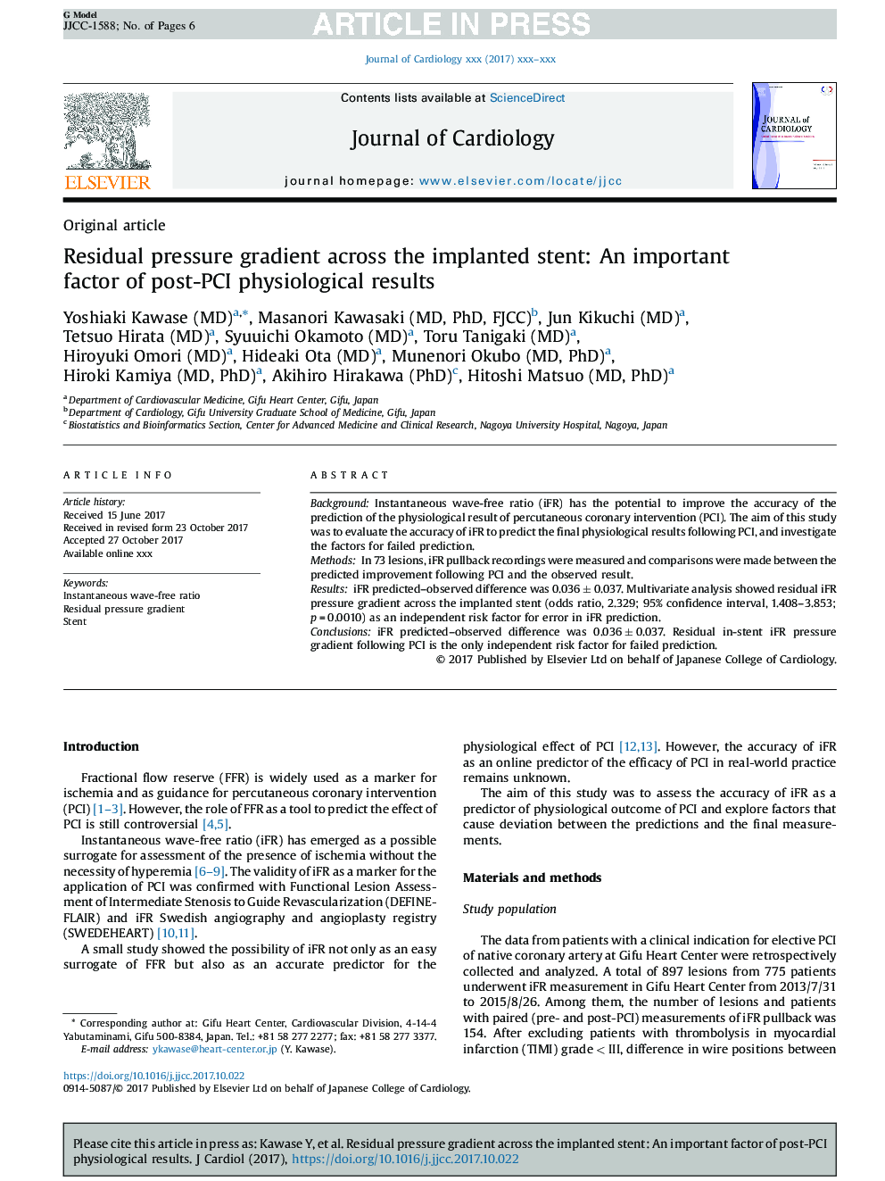 Residual pressure gradient across the implanted stent: An important factor of post-PCI physiological results