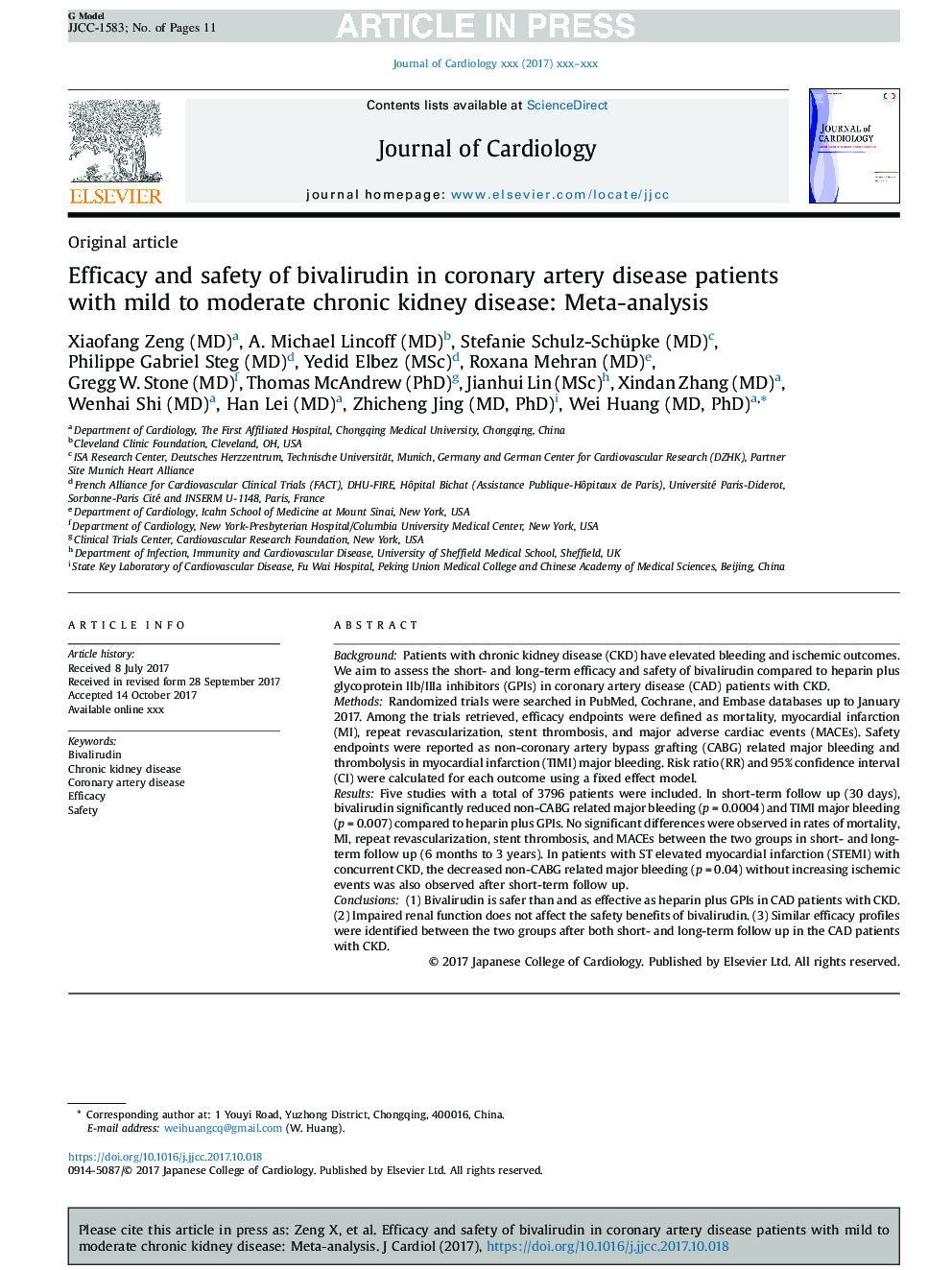 Efficacy and safety of bivalirudin in coronary artery disease patients with mild to moderate chronic kidney disease: Meta-analysis