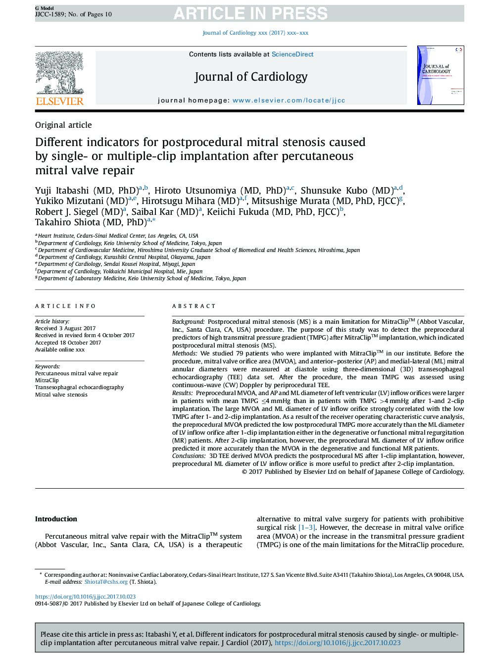 Different indicators for postprocedural mitral stenosis caused by single- or multiple-clip implantation after percutaneous mitral valve repair