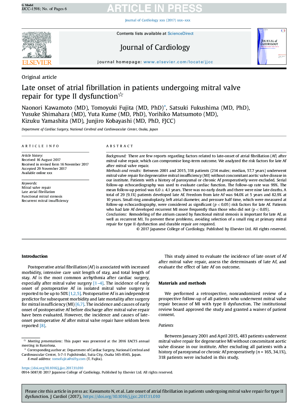 Late onset of atrial fibrillation in patients undergoing mitral valve repair for type II dysfunction