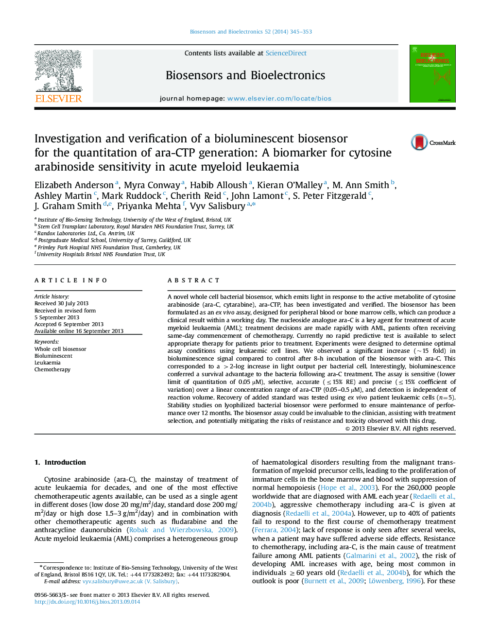 Investigation and verification of a bioluminescent biosensor for the quantitation of ara-CTP generation: A biomarker for cytosine arabinoside sensitivity in acute myeloid leukaemia