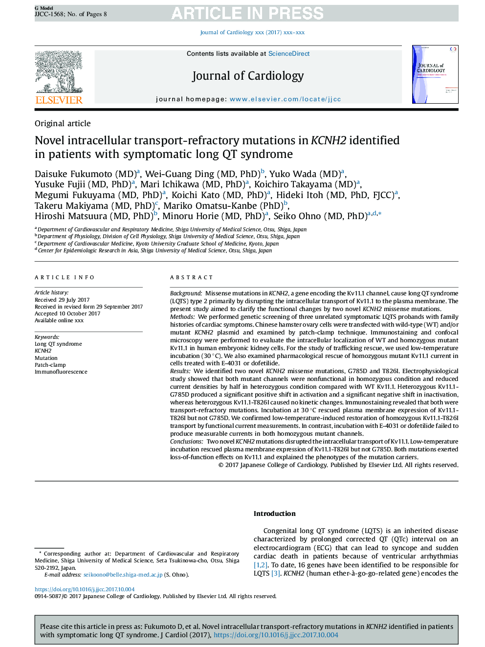 Novel intracellular transport-refractory mutations in KCNH2 identified in patients with symptomatic long QT syndrome