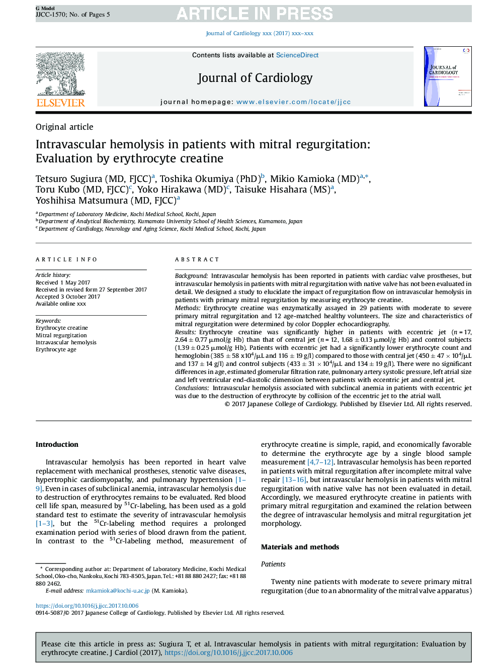 Intravascular hemolysis in patients with mitral regurgitation: Evaluation by erythrocyte creatine