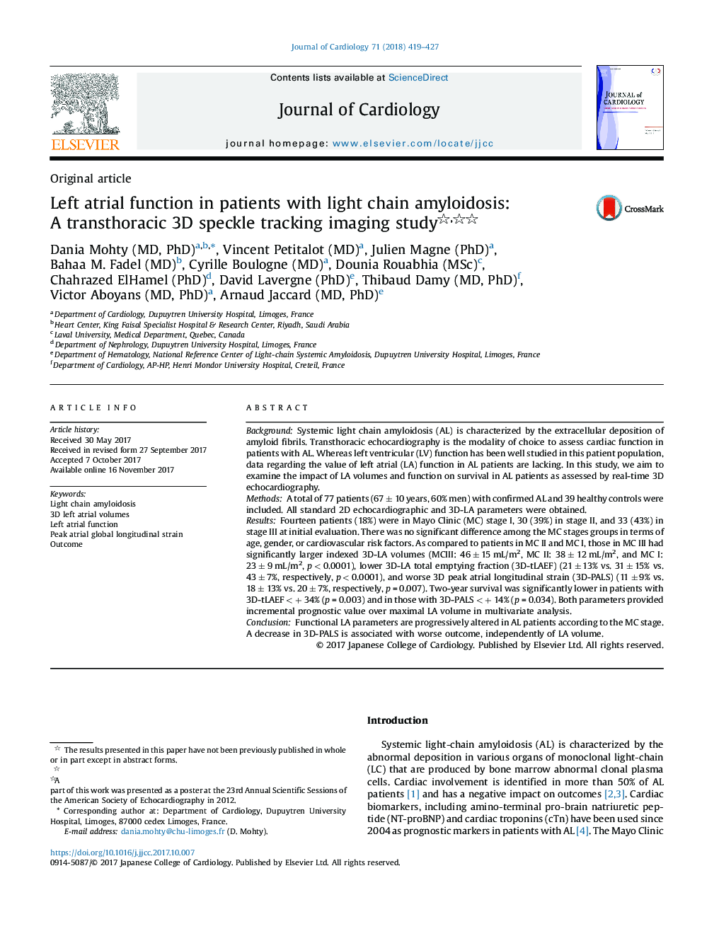 Left atrial function in patients with light chain amyloidosis: A transthoracic 3D speckle tracking imaging study