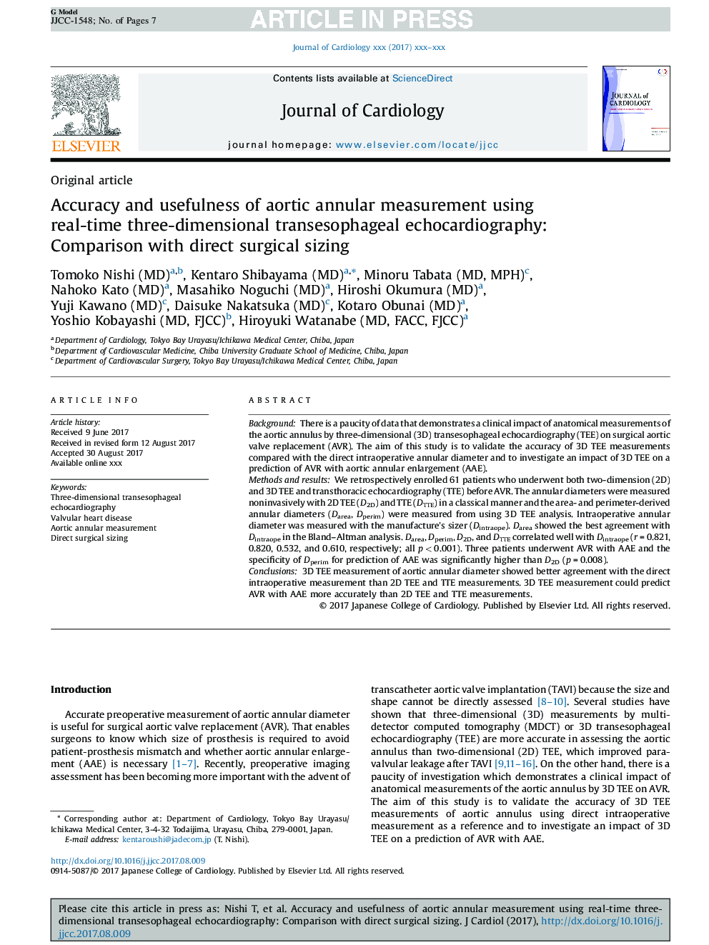 Accuracy and usefulness of aortic annular measurement using real-time three-dimensional transesophageal echocardiography: Comparison with direct surgical sizing