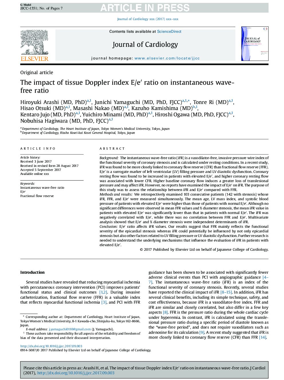 The impact of tissue Doppler index E/eâ² ratio on instantaneous wave-free ratio