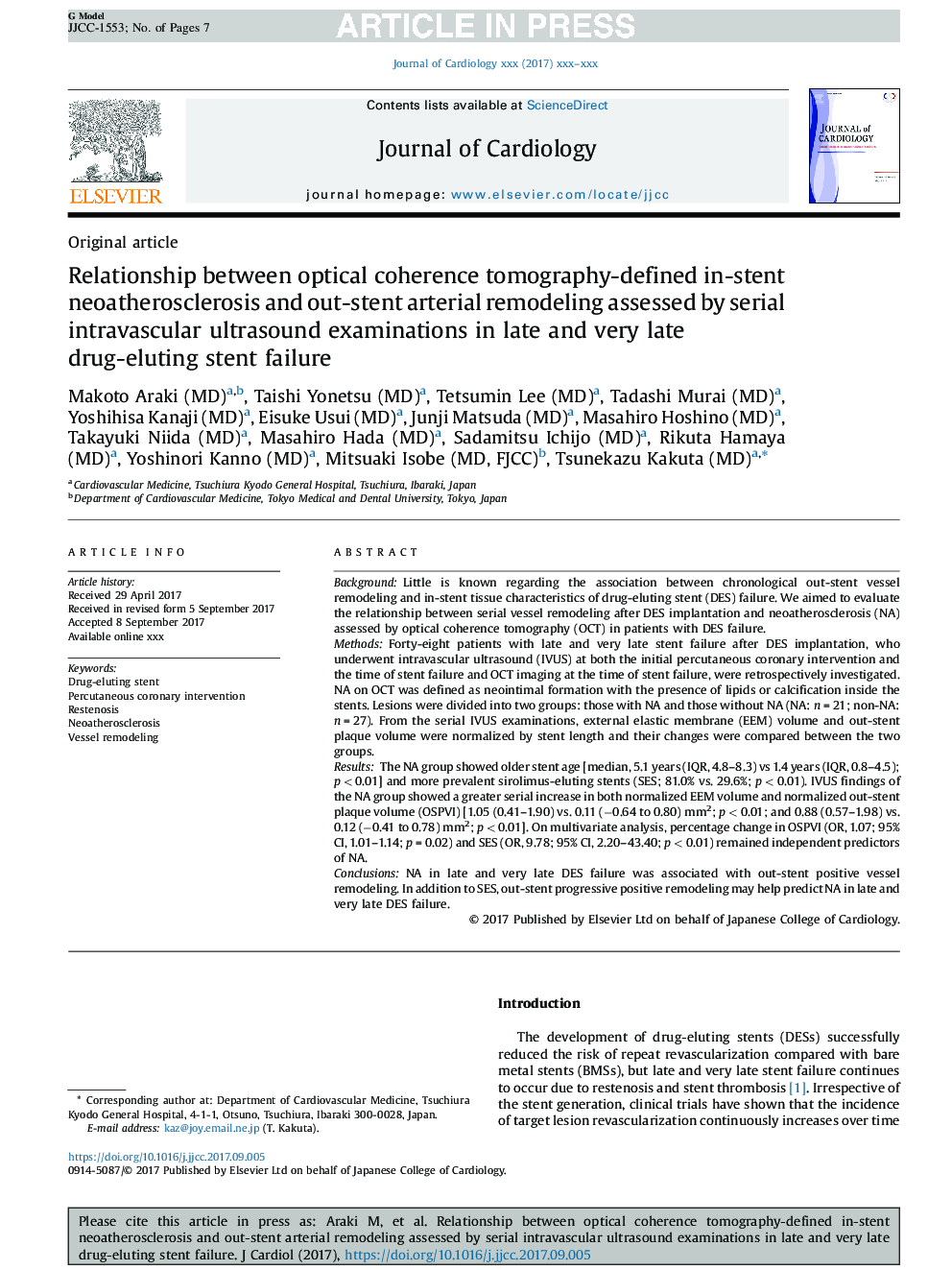 Relationship between optical coherence tomography-defined in-stent neoatherosclerosis and out-stent arterial remodeling assessed by serial intravascular ultrasound examinations in late and very late drug-eluting stent failure