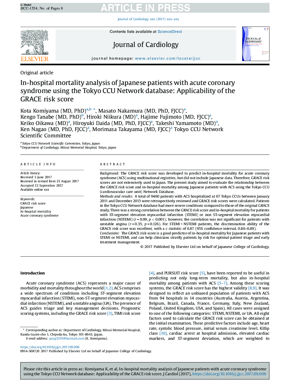 In-hospital mortality analysis of Japanese patients with acute coronary syndrome using the Tokyo CCU Network database: Applicability of the GRACE risk score