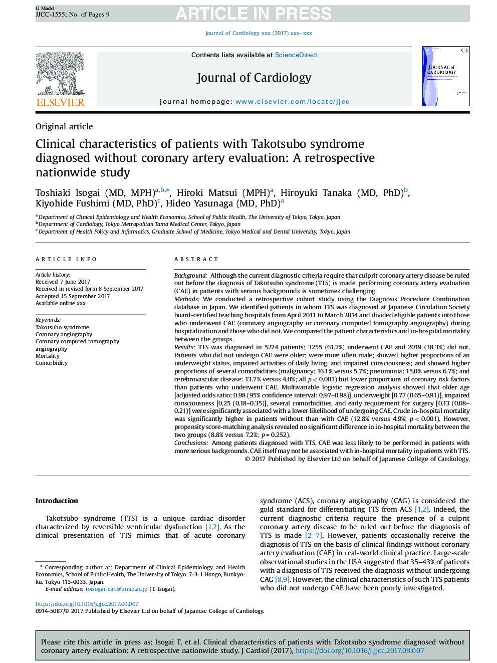 Clinical characteristics of patients with Takotsubo syndrome diagnosed without coronary artery evaluation: A retrospective nationwide study