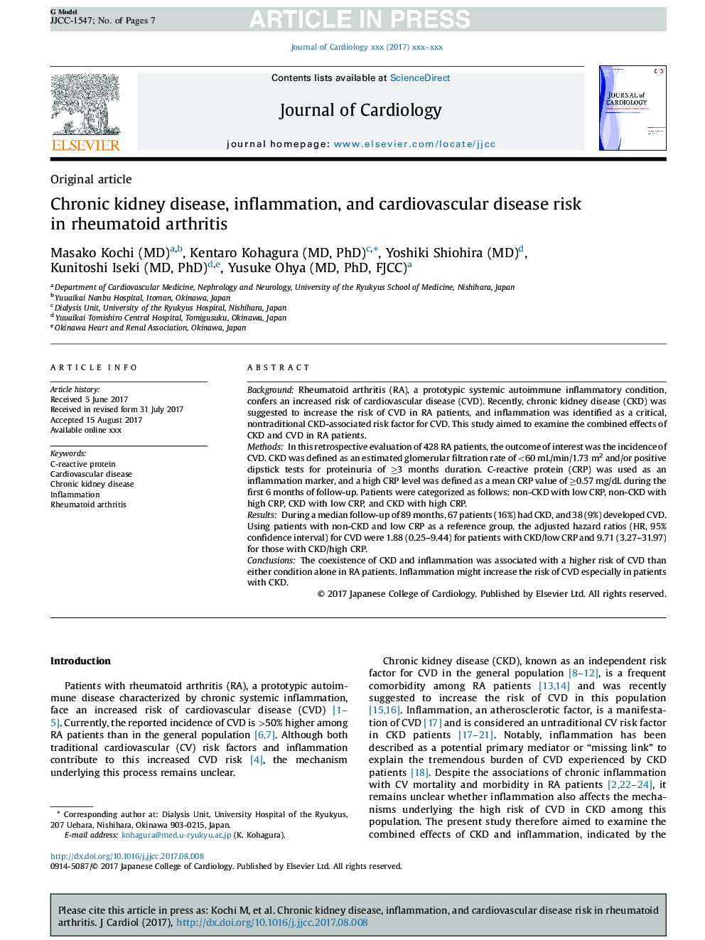 Chronic kidney disease, inflammation, and cardiovascular disease risk in rheumatoid arthritis