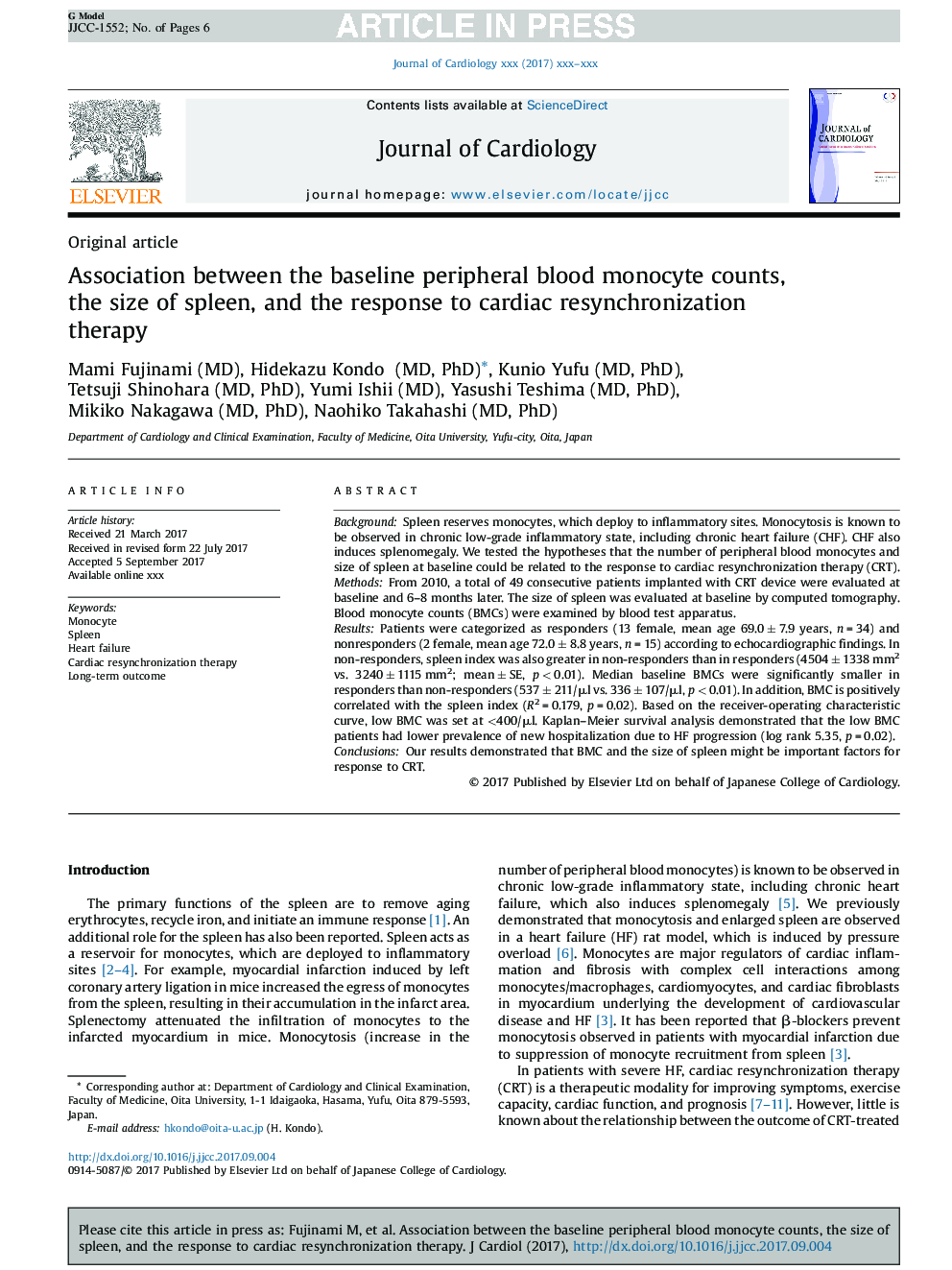 Association between the baseline peripheral blood monocyte counts, the size of spleen, and the response to cardiac resynchronization therapy