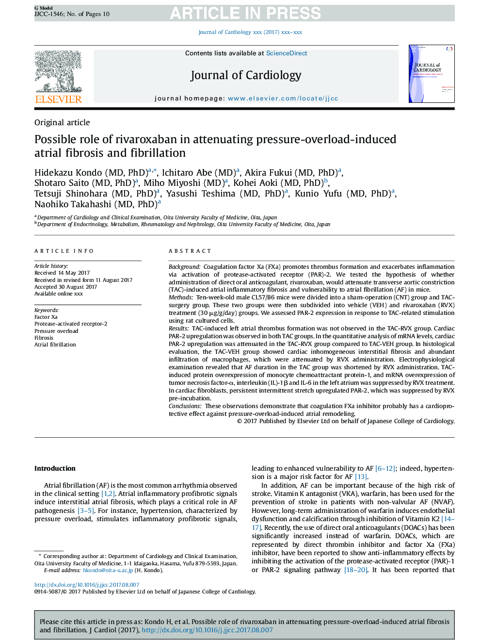 Possible role of rivaroxaban in attenuating pressure-overload-induced atrial fibrosis and fibrillation