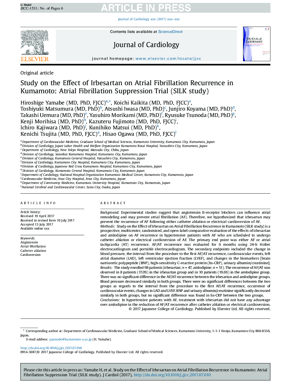 Study on the Effect of Irbesartan on Atrial Fibrillation Recurrence in Kumamoto: Atrial Fibrillation Suppression Trial (SILK study)
