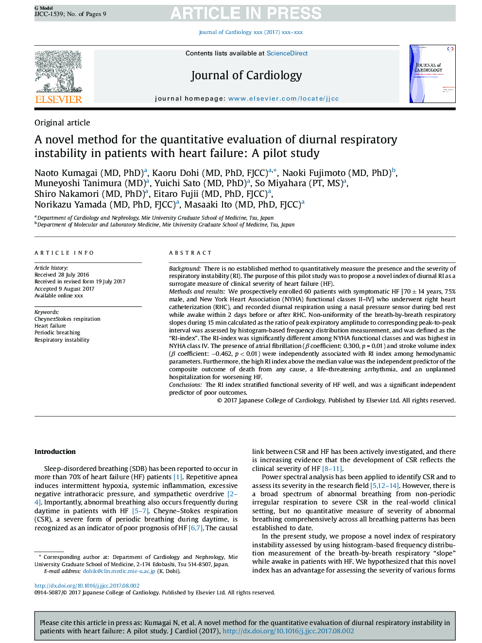 A novel method for the quantitative evaluation of diurnal respiratory instability in patients with heart failure: A pilot study