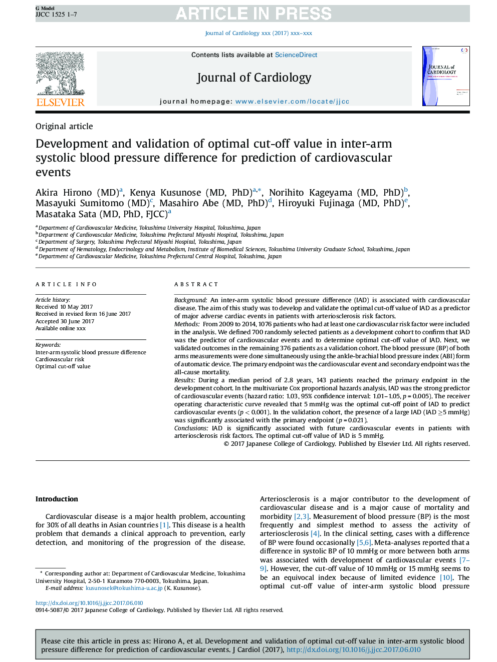 Development and validation of optimal cut-off value in inter-arm systolic blood pressure difference for prediction of cardiovascular events