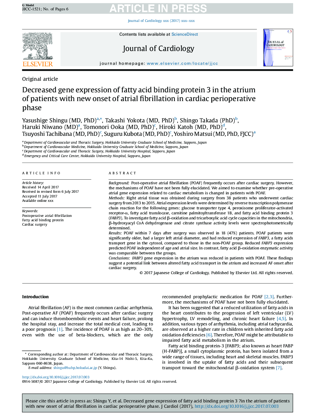 Decreased gene expression of fatty acid binding protein 3 in the atrium of patients with new onset of atrial fibrillation in cardiac perioperative phase