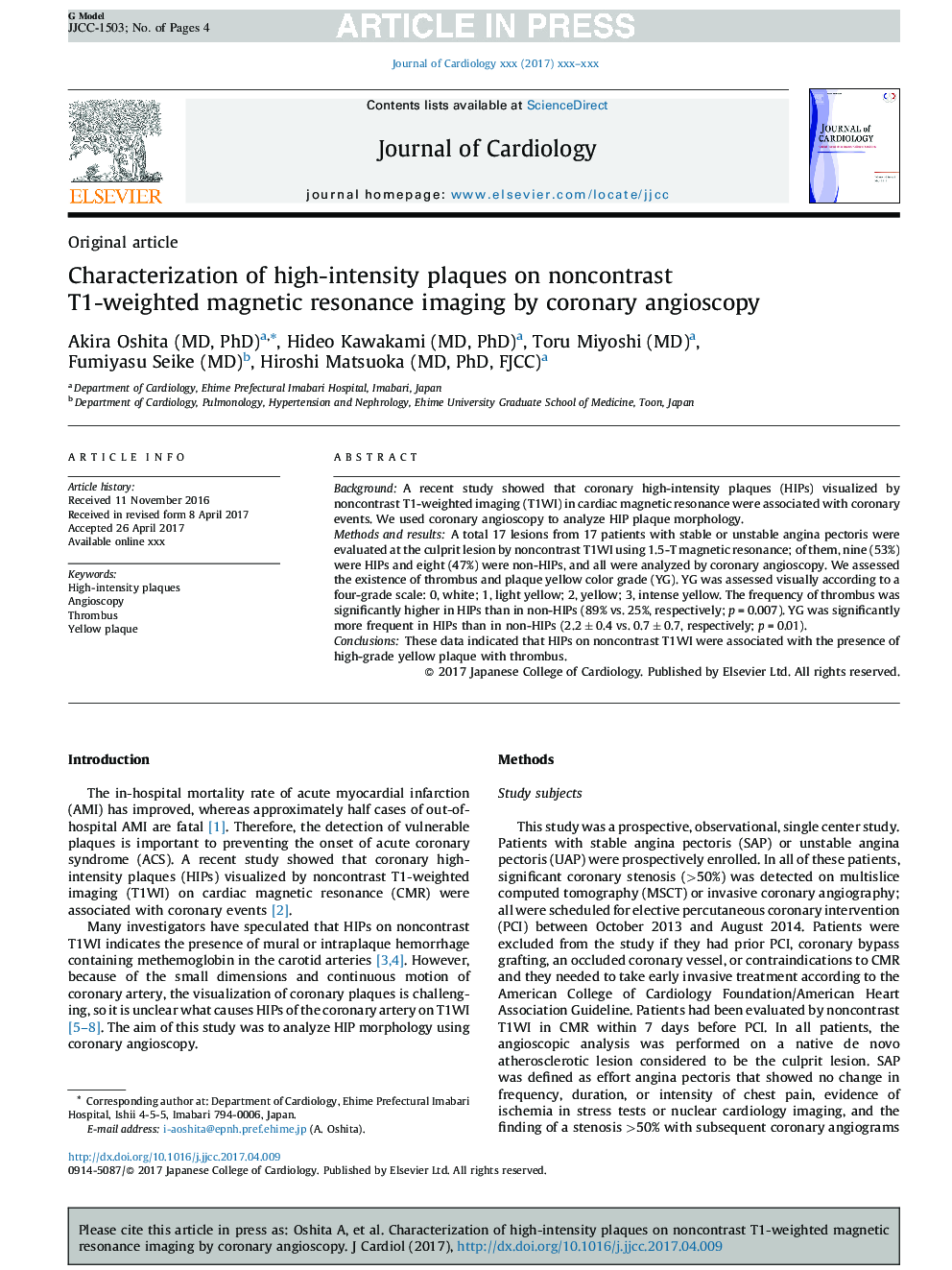 Characterization of high-intensity plaques on noncontrast T1-weighted magnetic resonance imaging by coronary angioscopy