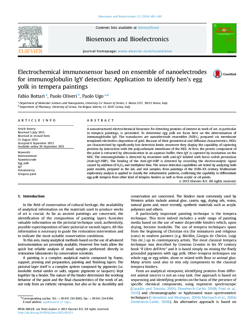 Electrochemical immunosensor based on ensemble of nanoelectrodes for immunoglobulin IgY detection: Application to identify hen's egg yolk in tempera paintings