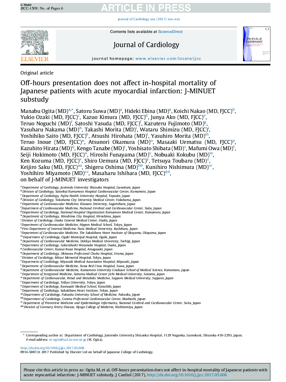 Off-hours presentation does not affect in-hospital mortality of Japanese patients with acute myocardial infarction: J-MINUET substudy
