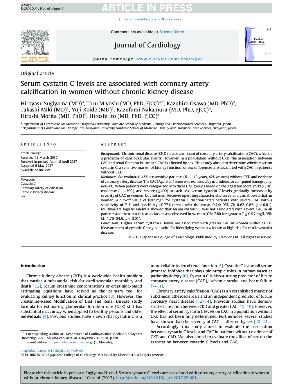 Serum cystatin C levels are associated with coronary artery calcification in women without chronic kidney disease