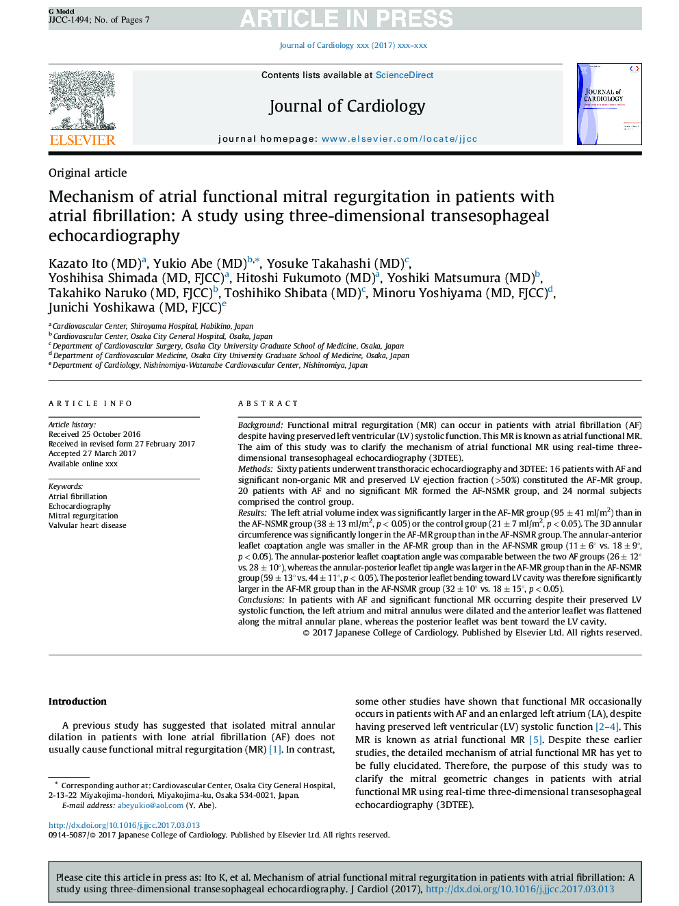 Mechanism of atrial functional mitral regurgitation in patients with atrial fibrillation: A study using three-dimensional transesophageal echocardiography