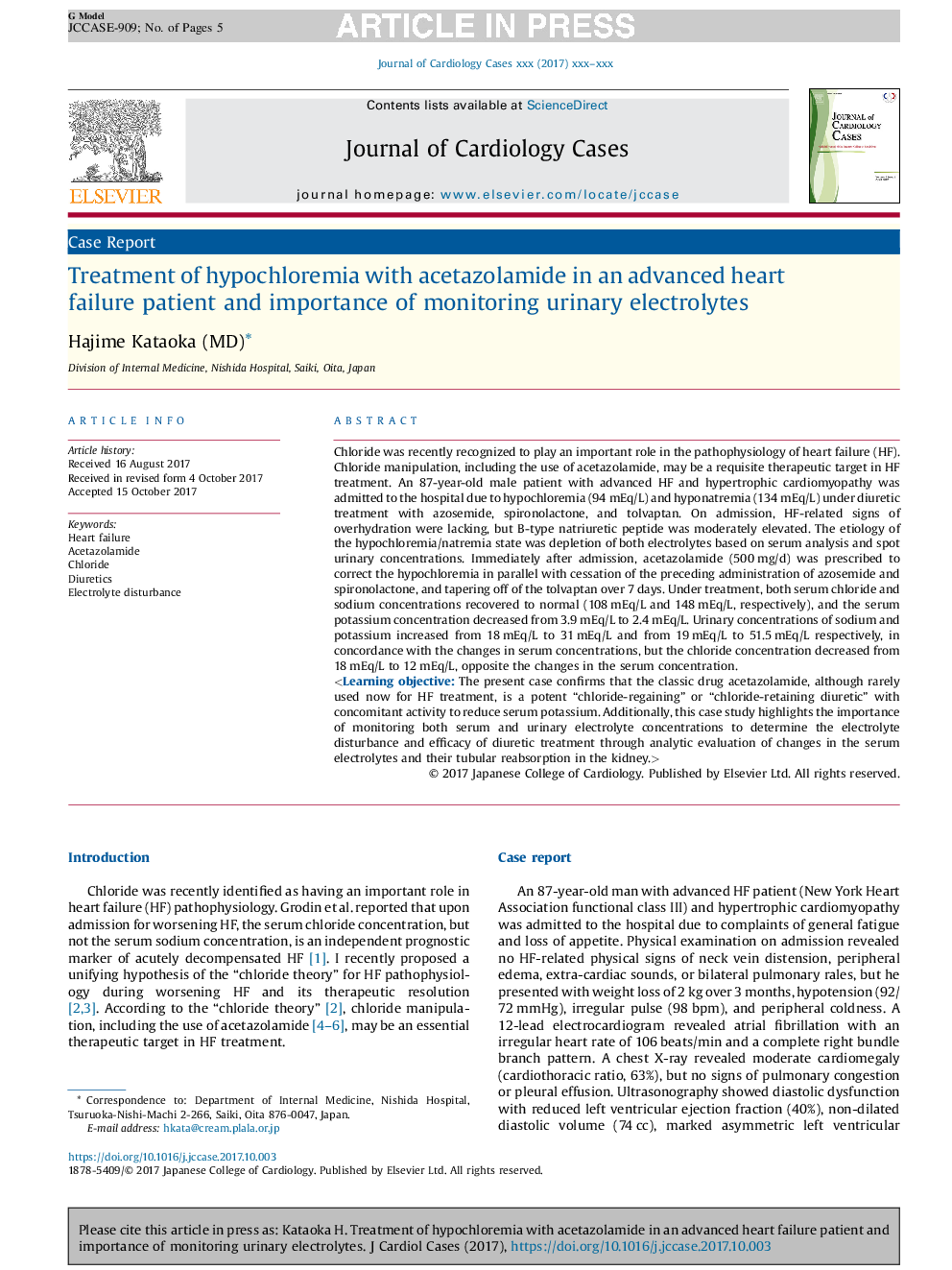 Treatment of hypochloremia with acetazolamide in an advanced heart failure patient and importance of monitoring urinary electrolytes