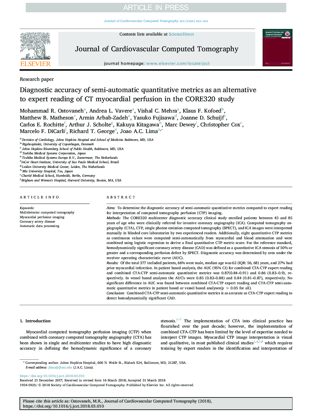 Diagnostic accuracy of semi-automatic quantitative metrics as an alternative to expert reading of CT myocardial perfusion in the CORE320 study