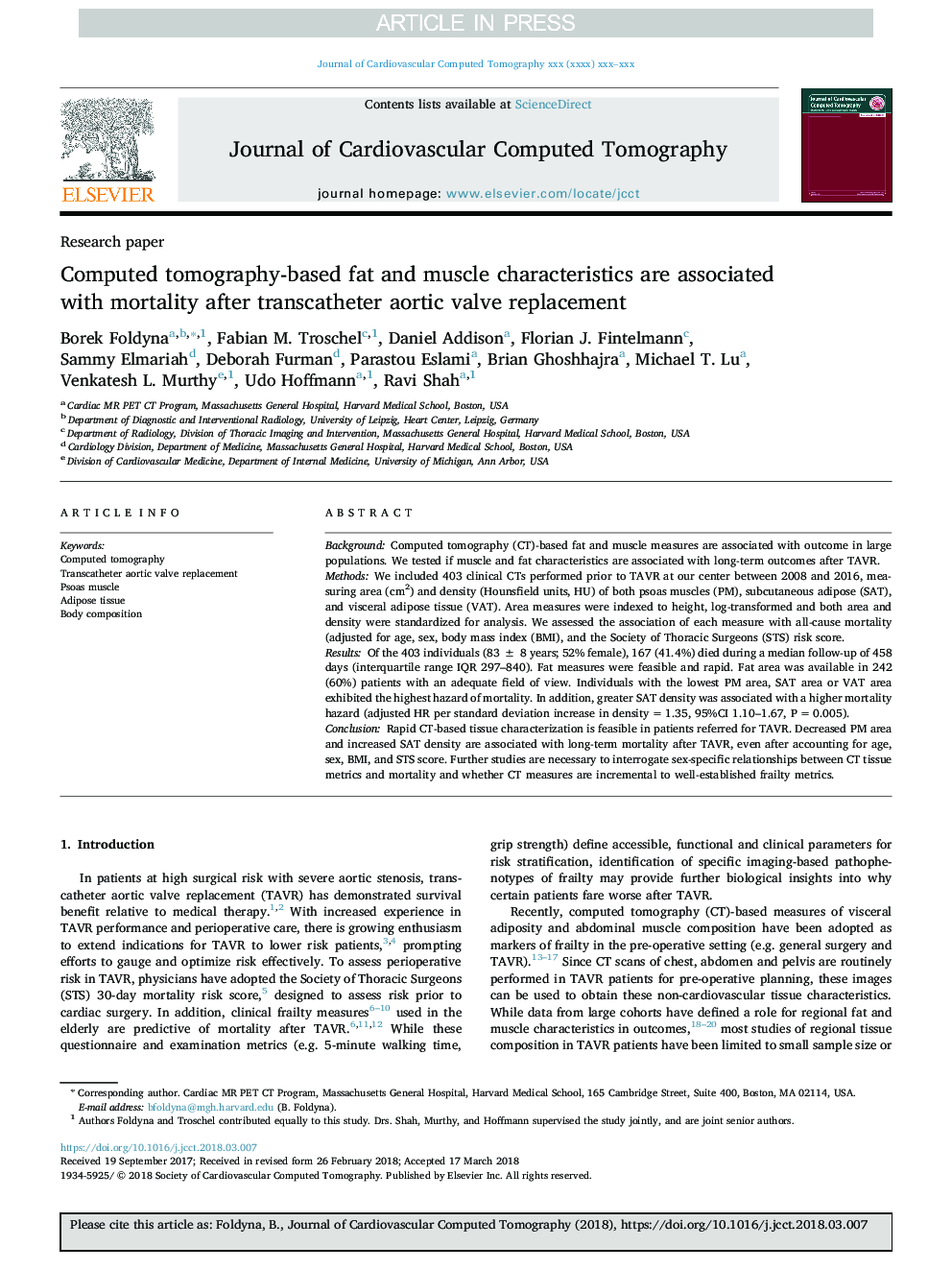 Computed tomography-based fat and muscle characteristics are associated with mortality after transcatheter aortic valve replacement