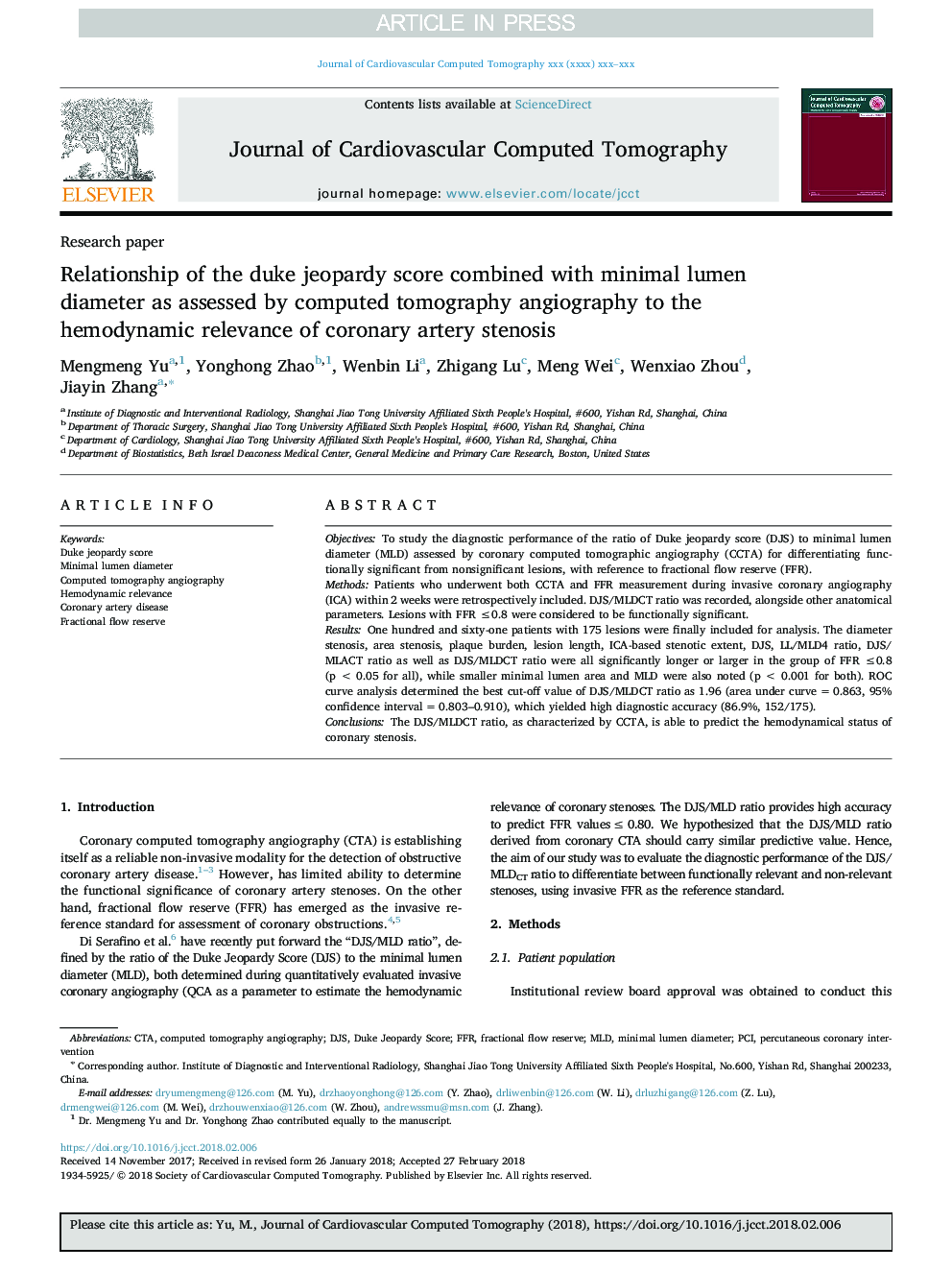 Relationship of the Duke jeopardy score combined with minimal lumen diameter as assessed by computed tomography angiography to the hemodynamic relevance of coronary artery stenosis