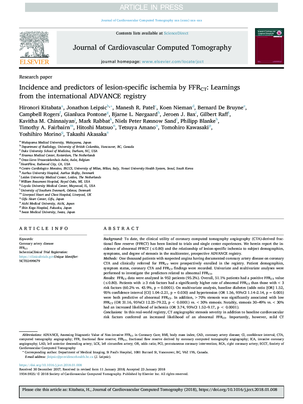 Incidence and predictors of lesion-specific ischemia by FFRCT: Learnings from the international ADVANCE registry