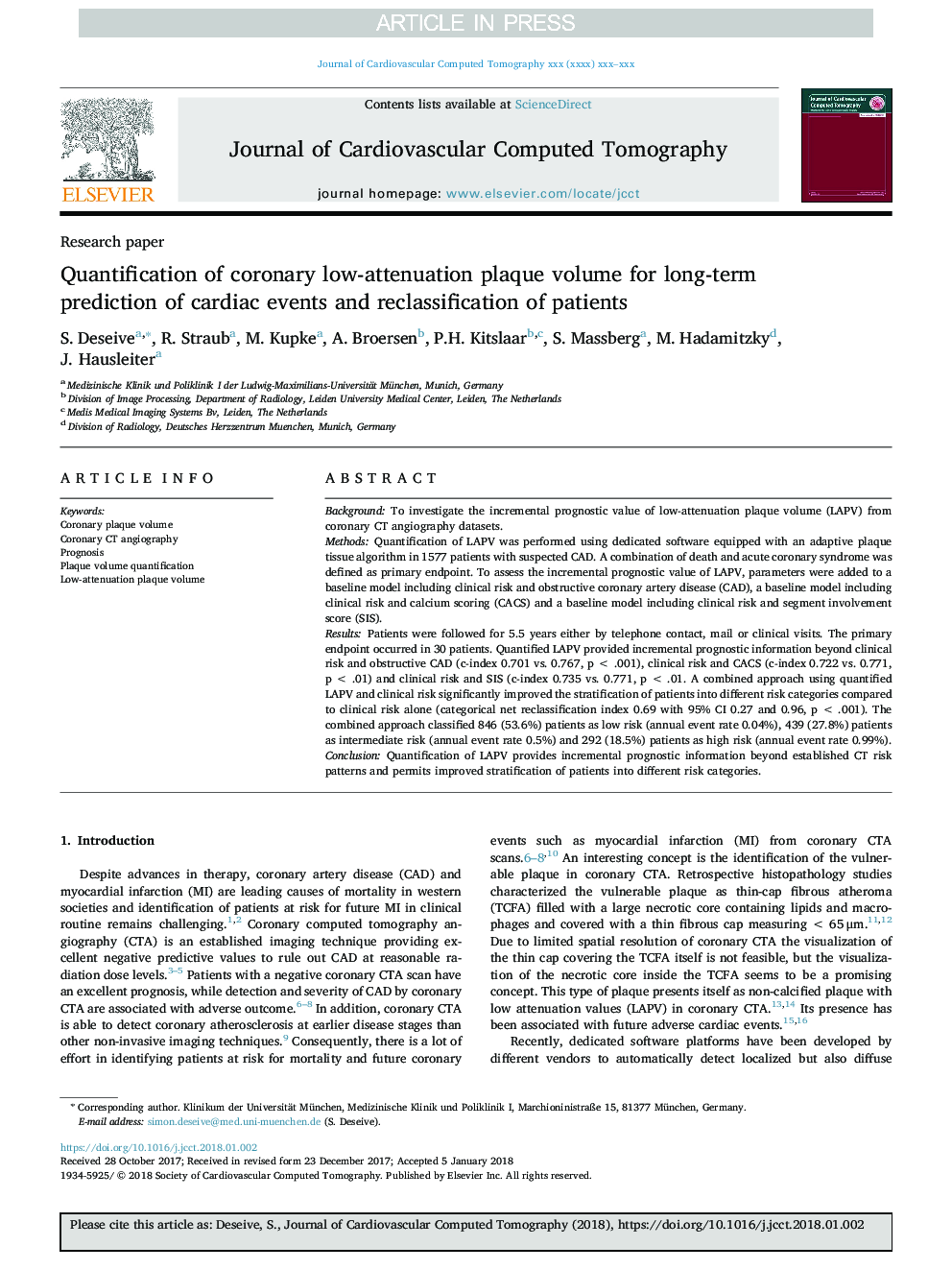 Quantification of coronary low-attenuation plaque volume for long-term prediction of cardiac events and reclassification of patients