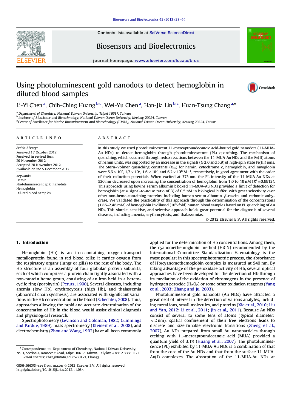 Using photoluminescent gold nanodots to detect hemoglobin in diluted blood samples