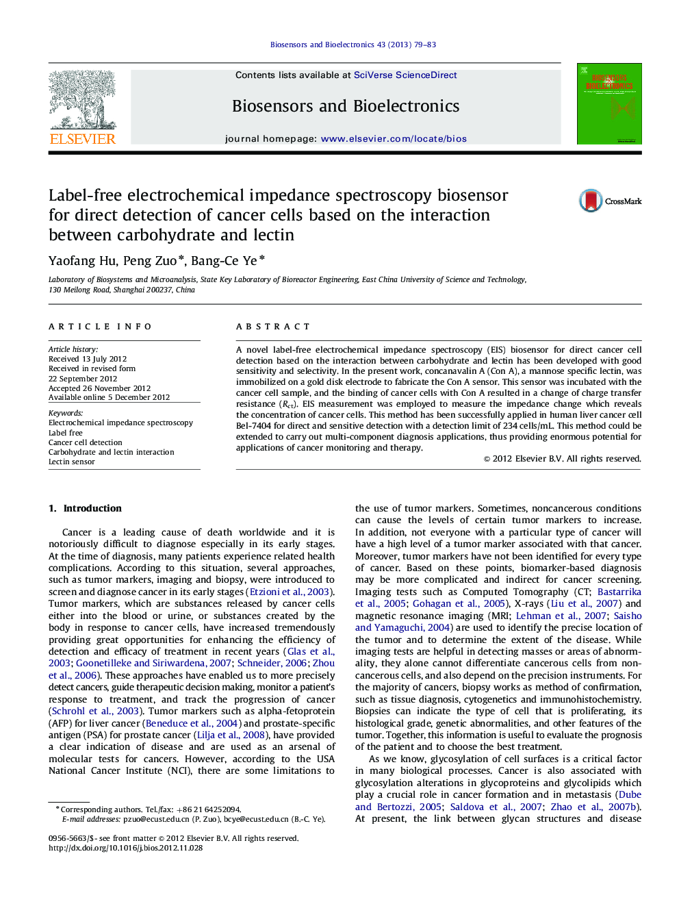 Label-free electrochemical impedance spectroscopy biosensor for direct detection of cancer cells based on the interaction between carbohydrate and lectin